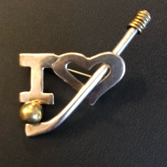 Vintage MEXICO 925 Sterling Silver Heart Love Golf Ball Club Brooch Pin - Picture 1 of 3